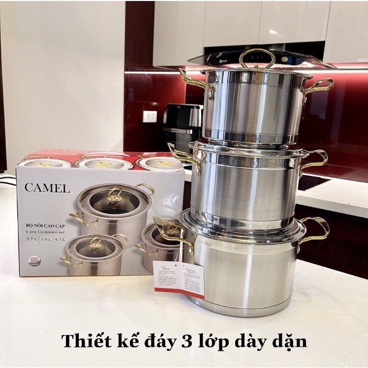 Bộ 3 Nồi Inox Camel Chính Hãng- Nồi Camel Hộp Đen - Đáy Chống Dính Cao Cấp Tay Cầm Cách Nhiệt Dùng Được Mọi Loại Bếp