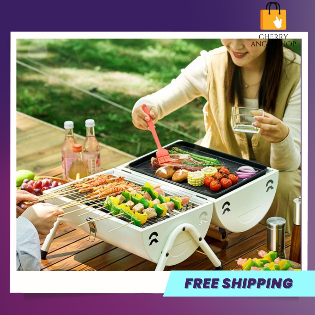 Bếp nướng than hoa BBQ gấp gọn mang đi dã ngoại, cắm trại, Thiết bị nướng ngoài trời kèm vỉ, khay nướng tiện lợi