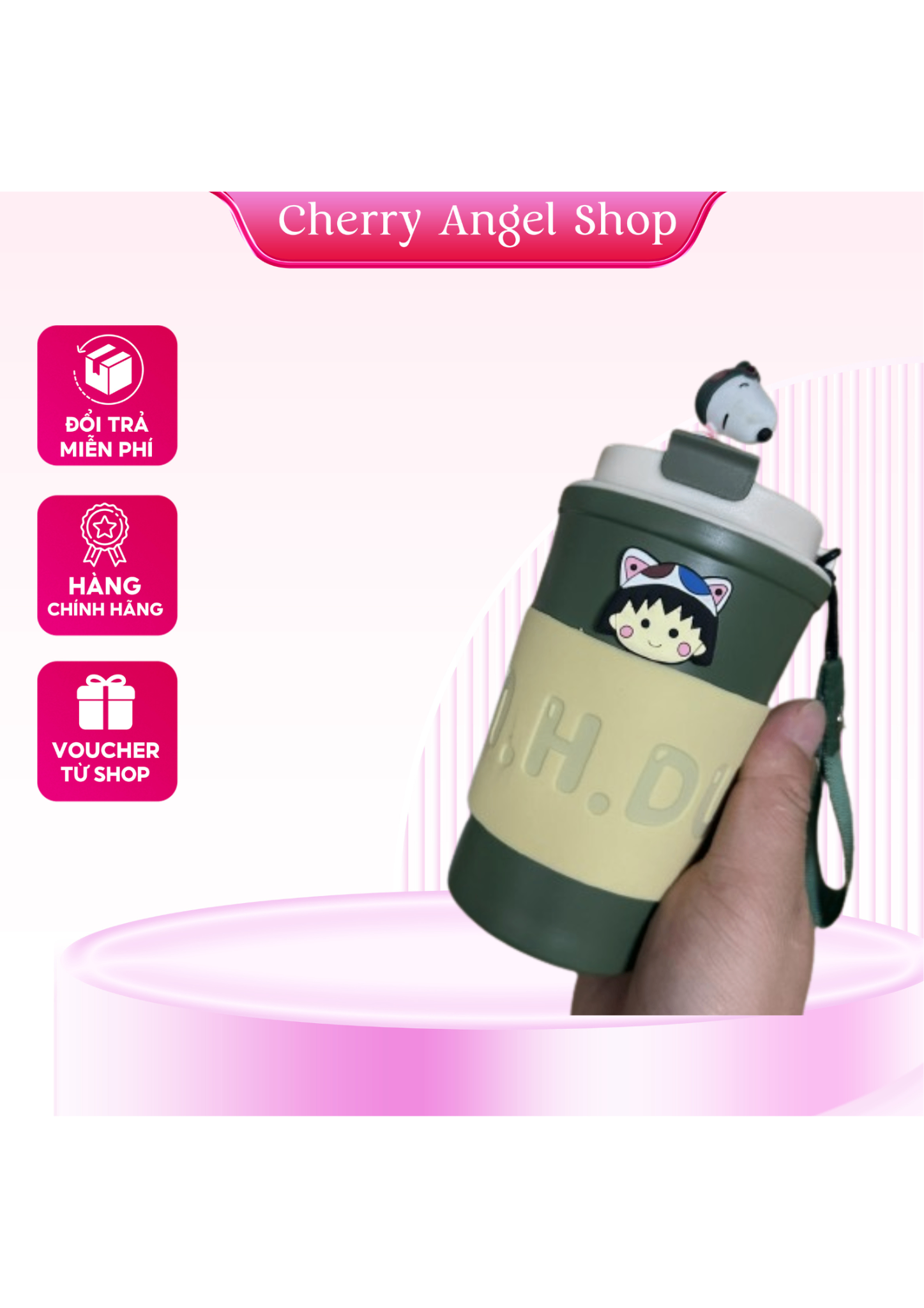 Cốc Giữ Nhiệt SNOOPY Chất Liệu Inox 304 Dung tích 500ML, Ly Giữ Nhiệt Có Sticker Và Quai Xách Siêu Hot/ có sỉ