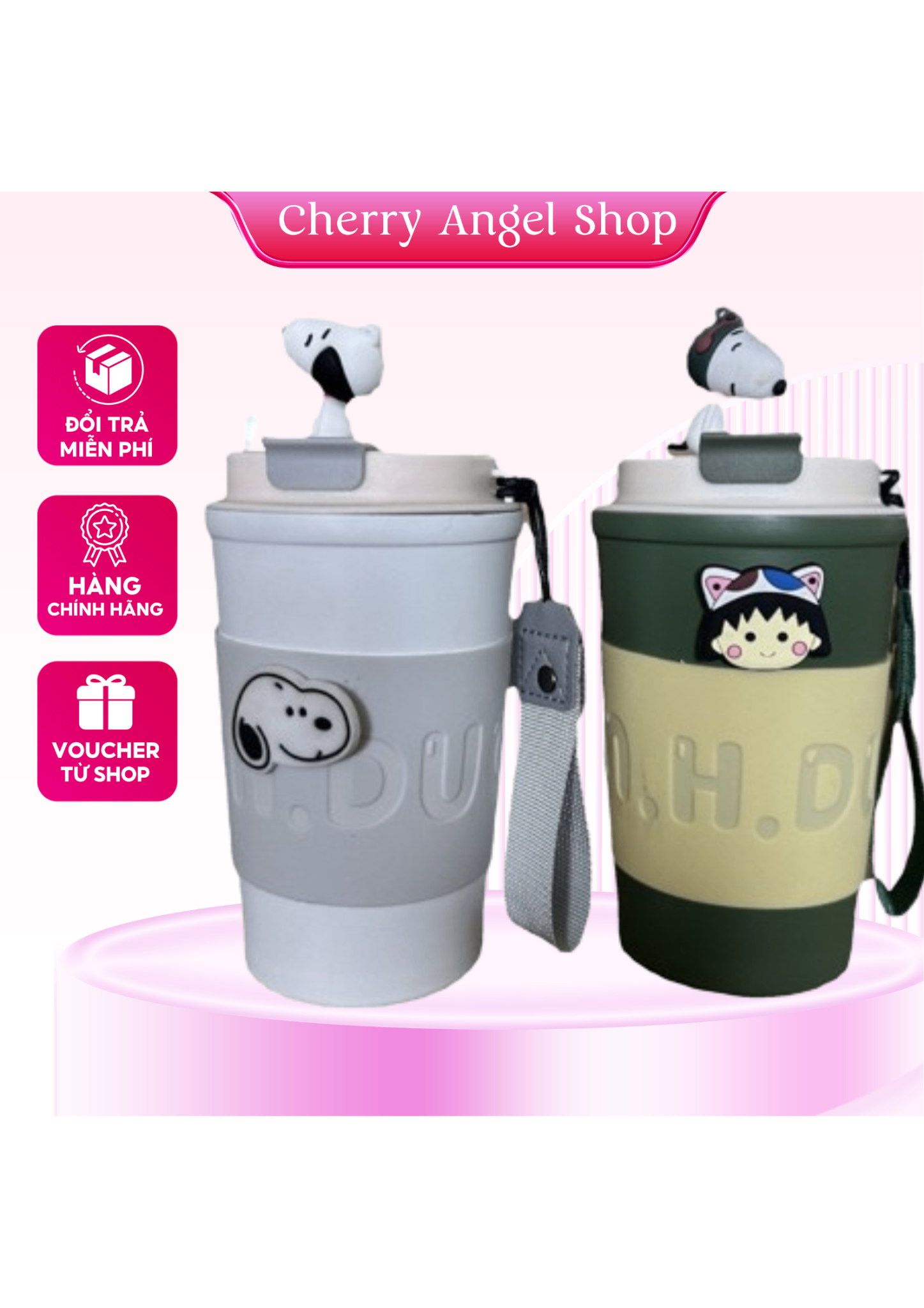 Cốc Giữ Nhiệt SNOOPY Chất Liệu Inox 304 Dung tích 500ML, Ly Giữ Nhiệt Có Sticker Và Quai Xách Siêu Hot/ có sỉ