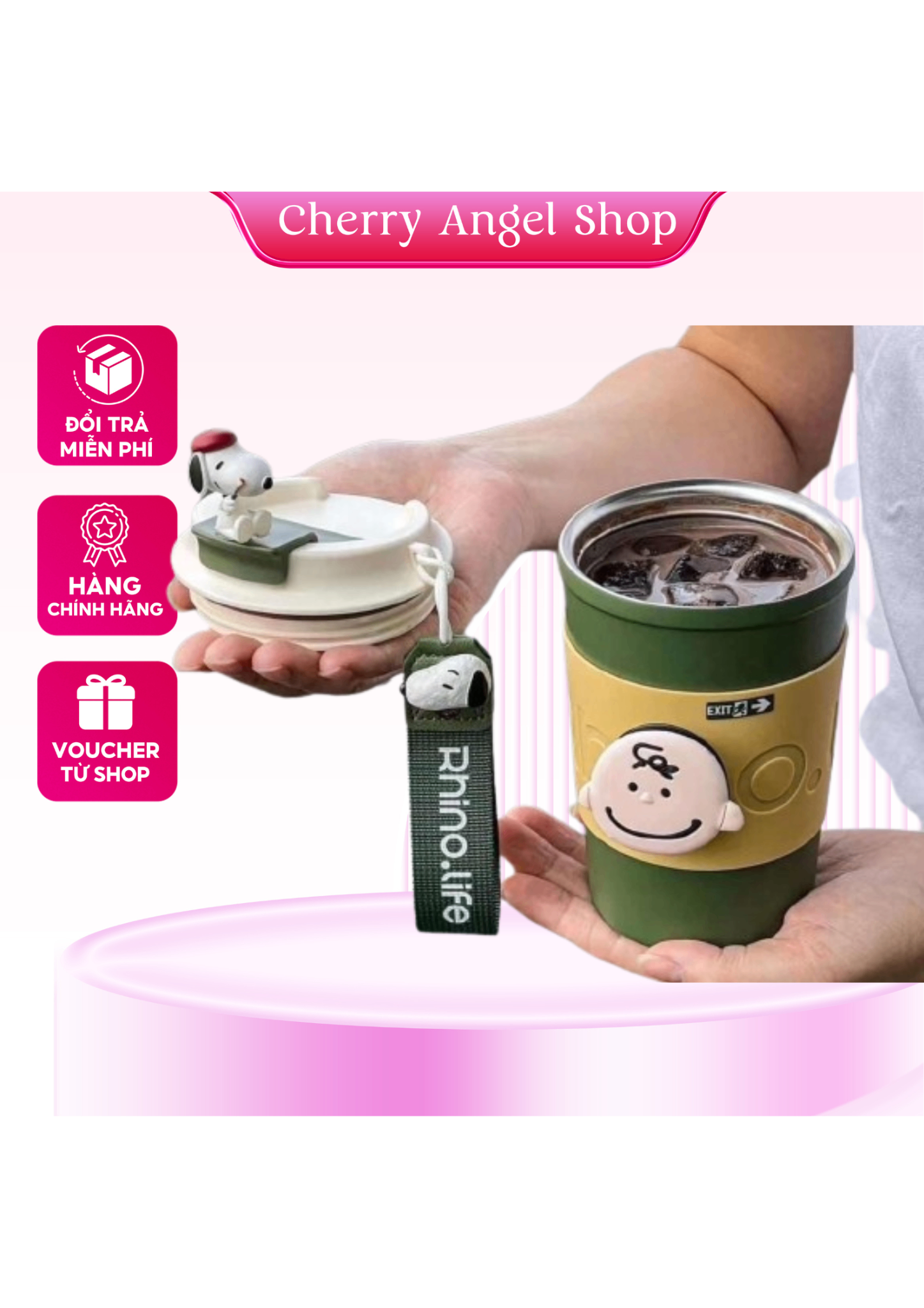 Cốc Giữ Nhiệt SNOOPY Chất Liệu Inox 304 Dung tích 500ML, Ly Giữ Nhiệt Có Sticker Và Quai Xách Siêu Hot/ có sỉ