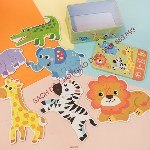 Ghép hình puzzle 3-6 mảnh hộp sắt loại to - Chủ đề Động vật rừng