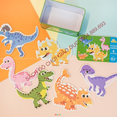 Ghép hình puzzle 3-6 mảnh hộp sắt loại to - Chủ đề Khủng long