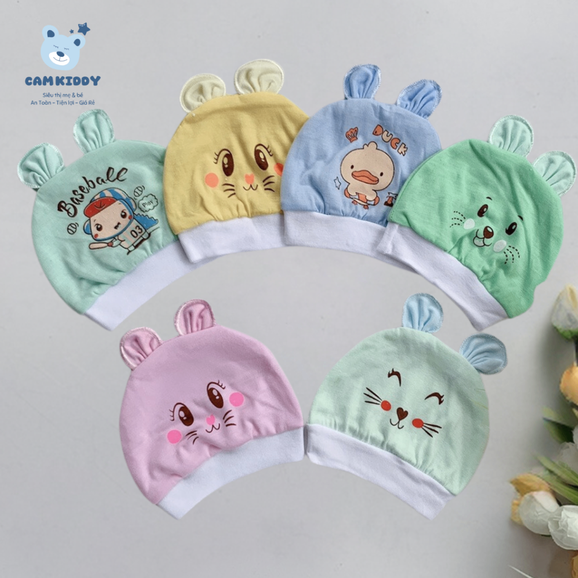 Mũ cotton tai thỏ cho bé sơ sinh đến 3 tháng tuổi