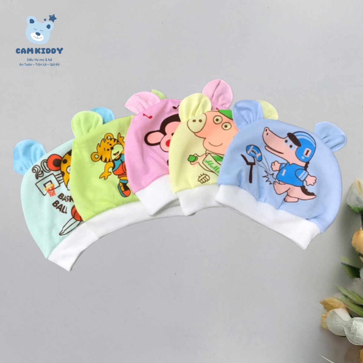 Mũ cotton tai thỏ cho bé sơ sinh đến 3 tháng tuổi