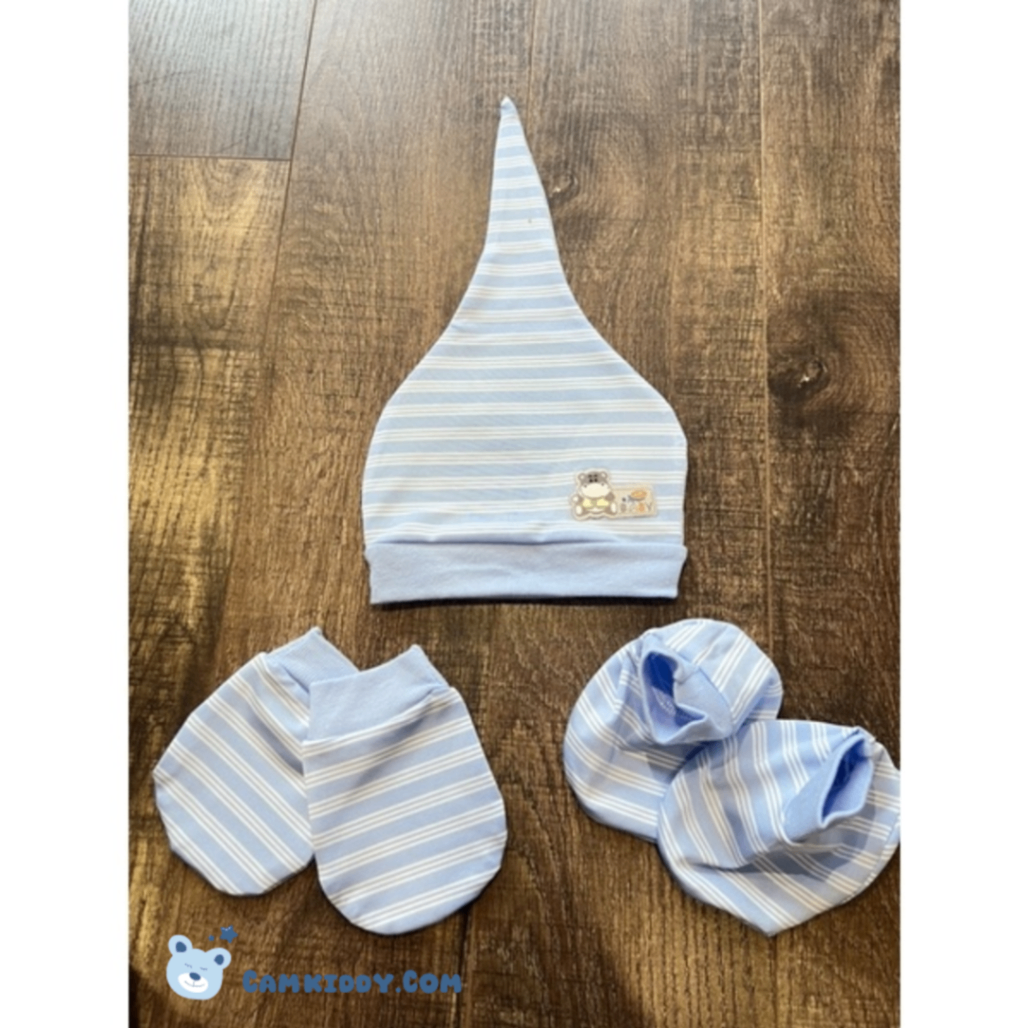 Set Mũ, nón sơ sinh kèm bao tay, bao chân vải cotton kẻ mềm mại