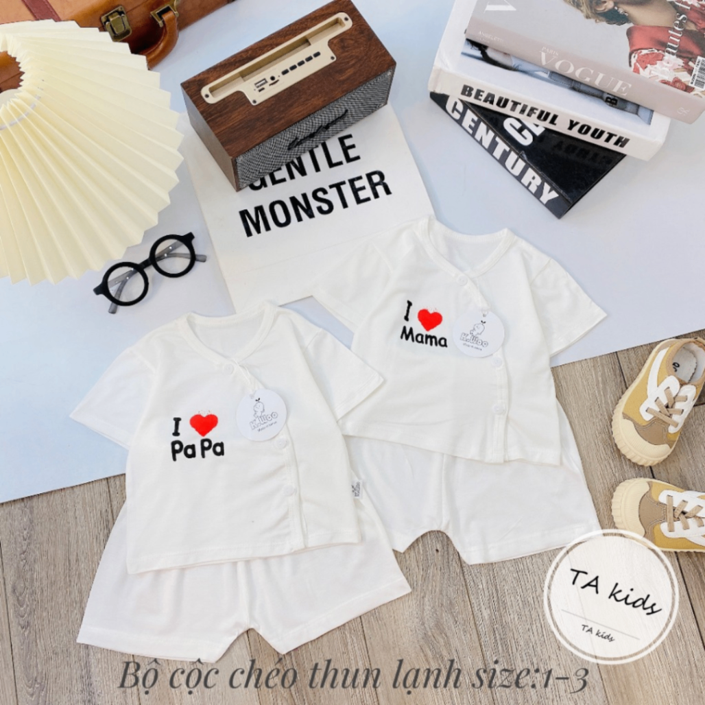 Bộ cài chéo cộc tay I love Papa Mama chất thun lạnh mềm mát cho bé 3-9kg CÓ 3 SIZE