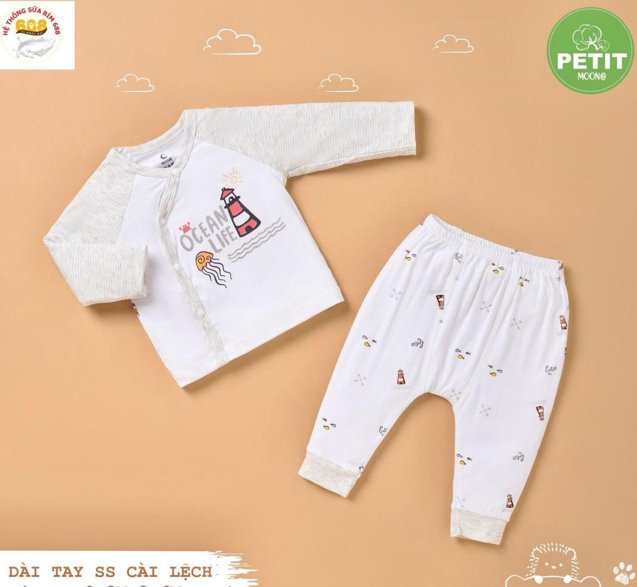 Bộ cài lệch sơ sinh thẳng petit dài tay