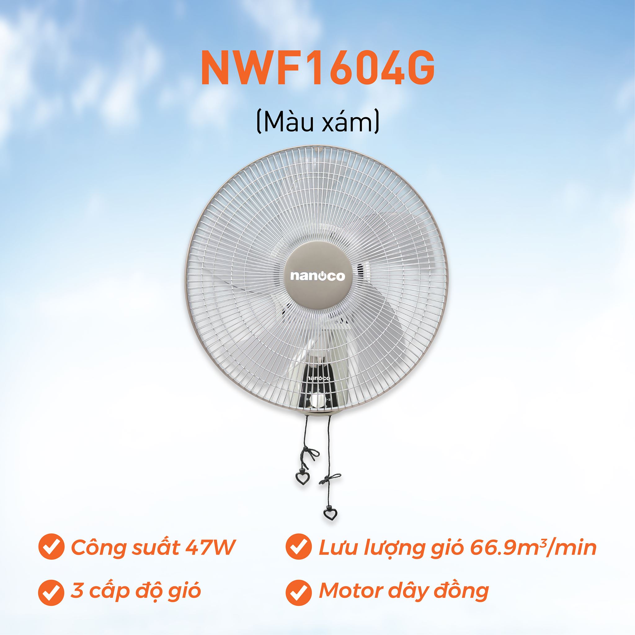 Quạt treo tường Nanoco NWF1604G 2 dây màu xám