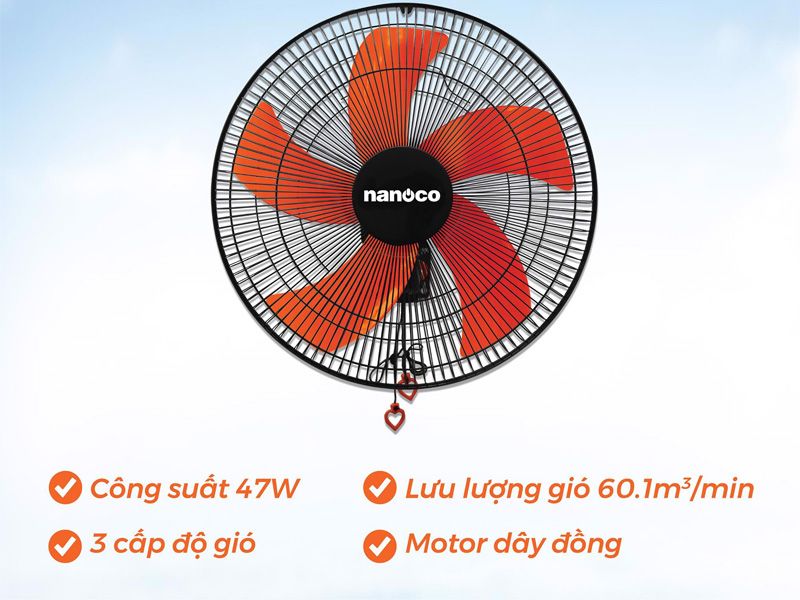 Quạt treo tường Nanoco NWF1606 5 cánh , màu cam đen