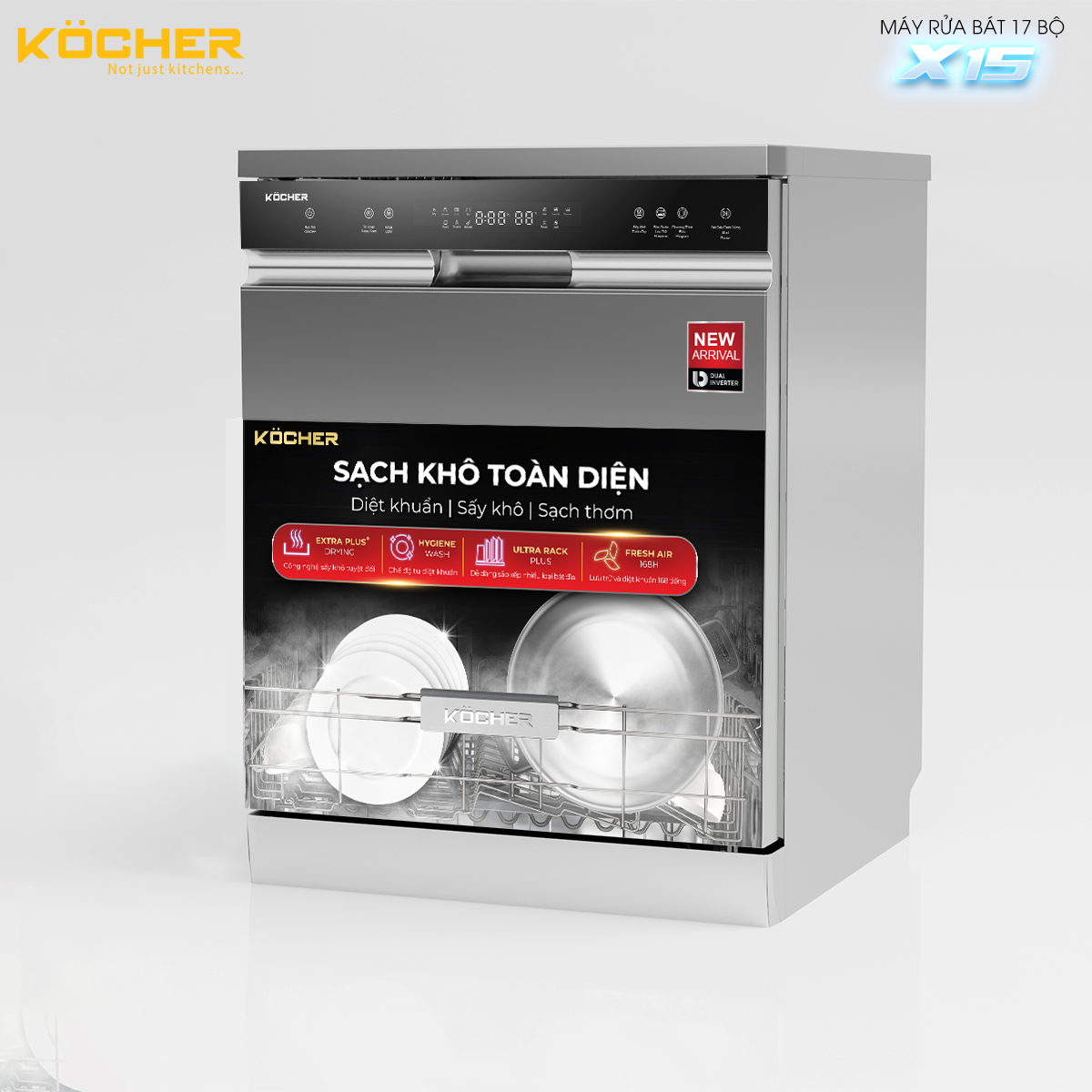 Máy rửa bát Kocher X15S 17 bộ, sấy lưu trữ 168H, màu bạc