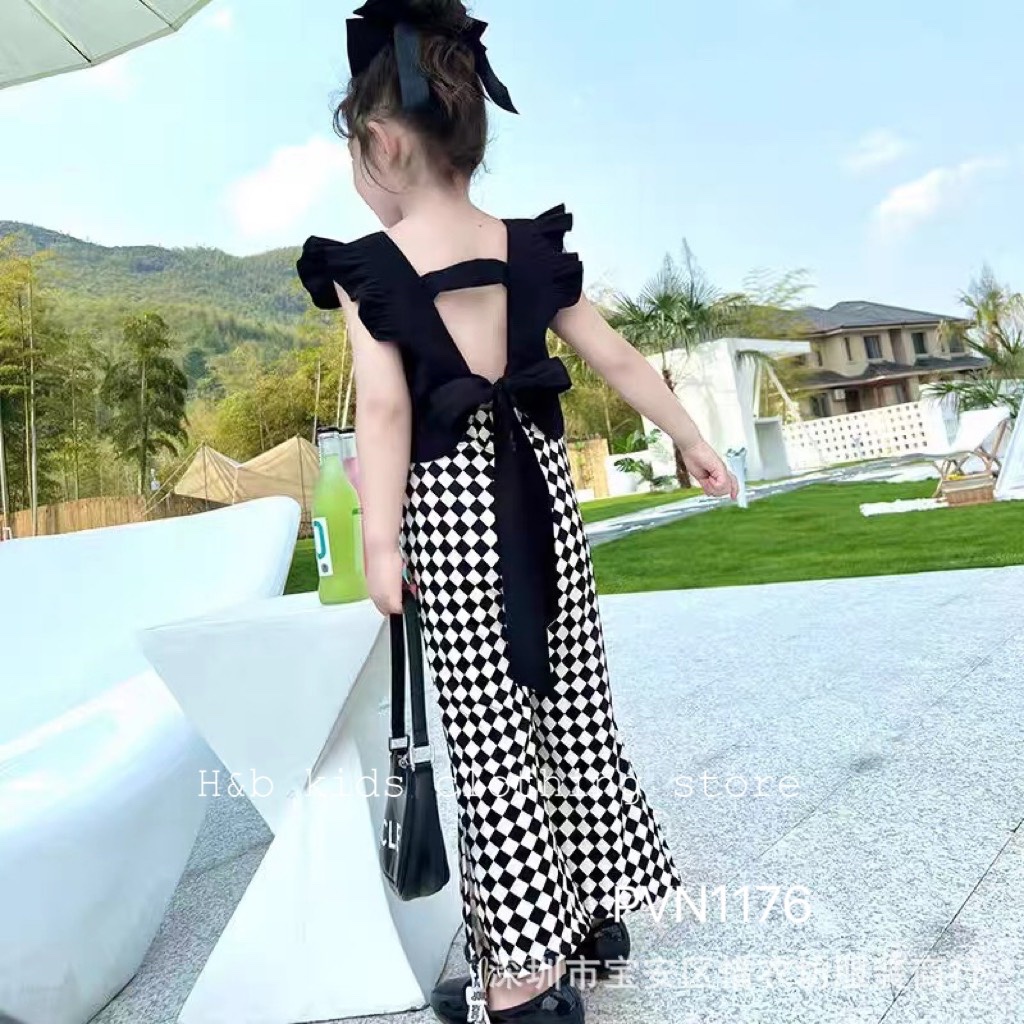 Bộ áo đũi nơ sau quần bàn cờ hb cho bé