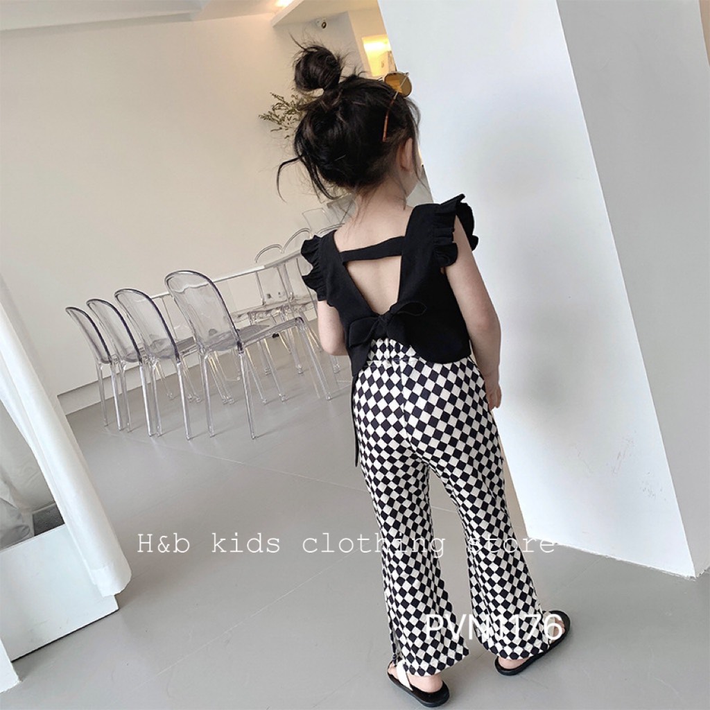 Bộ áo đũi nơ sau quần bàn cờ hb cho bé