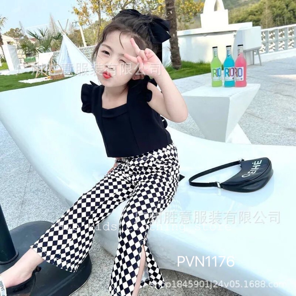 Bộ áo đũi nơ sau quần bàn cờ hb cho bé