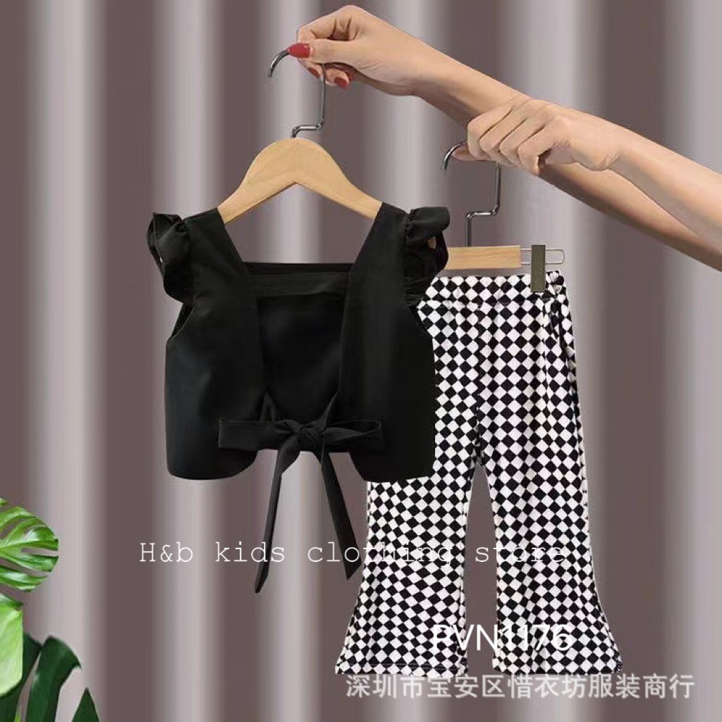 Bộ áo đũi nơ sau quần bàn cờ hb cho bé