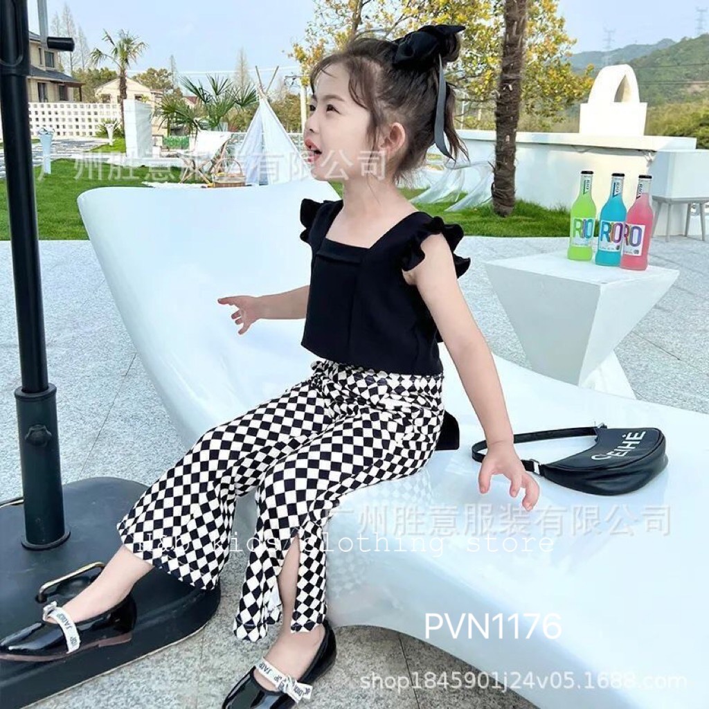 Bộ áo đũi nơ sau quần bàn cờ hb cho bé
