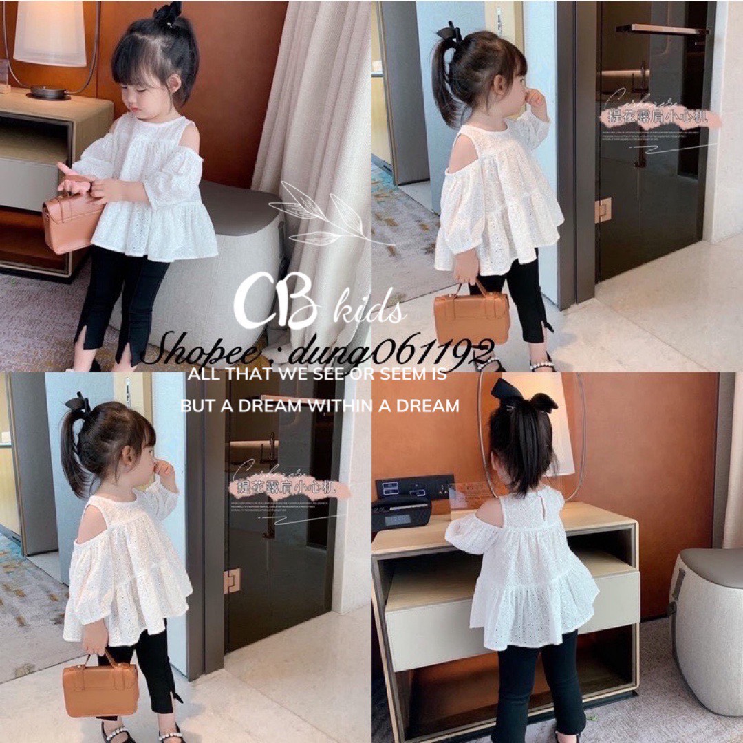 Bg05- Sét áo hở vai babydoll quần đen bé gái