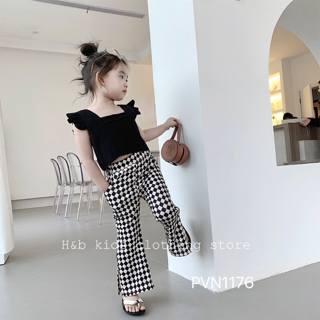 Bộ áo đũi nơ sau quần bàn cờ hb cho bé