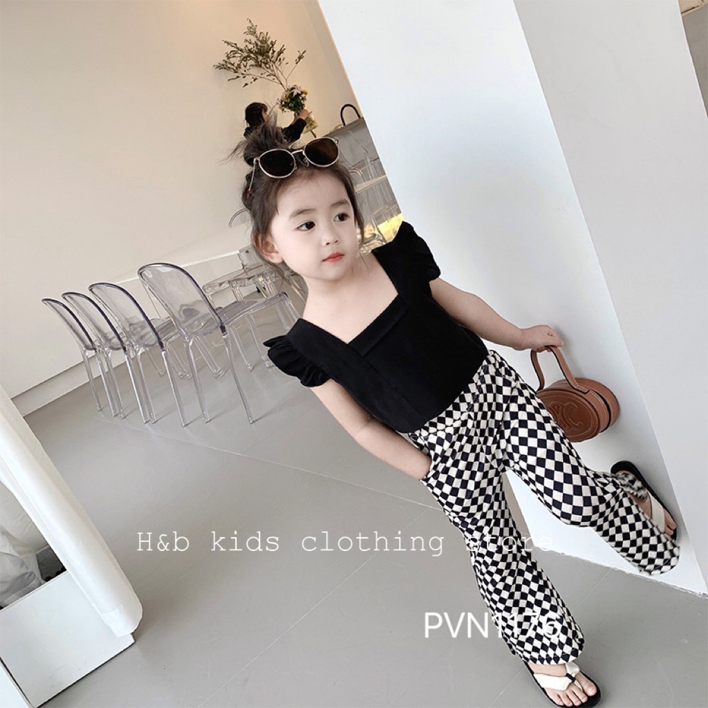 Bộ áo đũi nơ sau quần bàn cờ hb cho bé