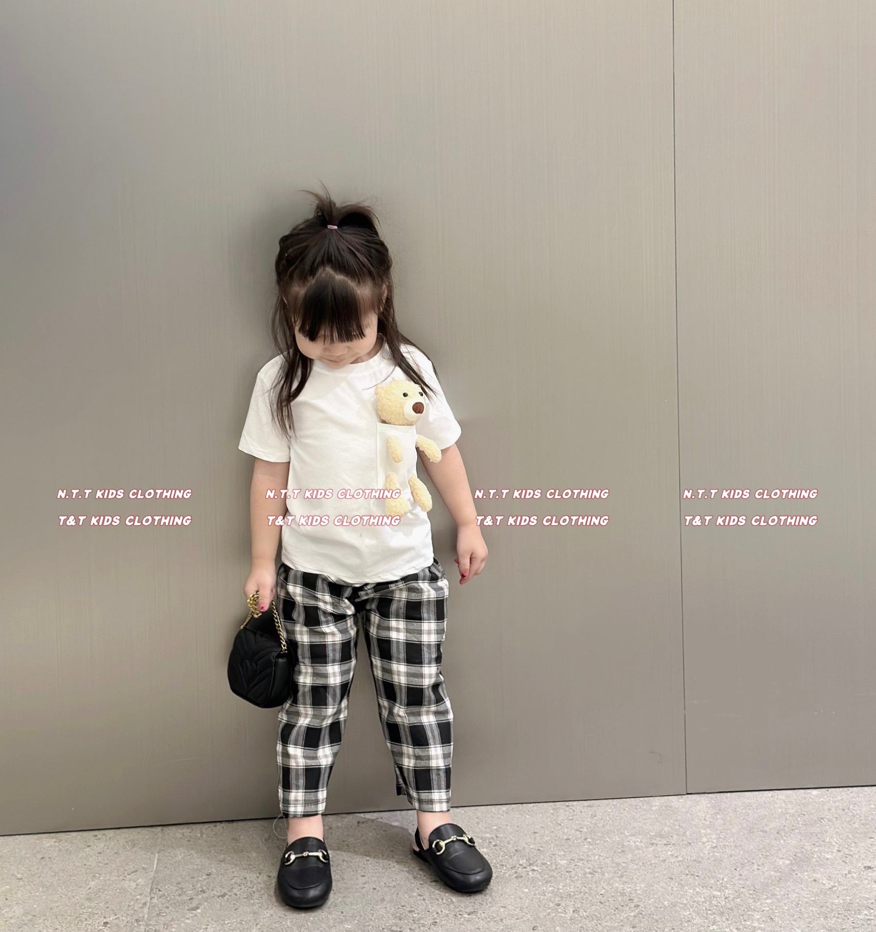 BG27- sét 3 chi gấu quần kẻ xuông bé gái