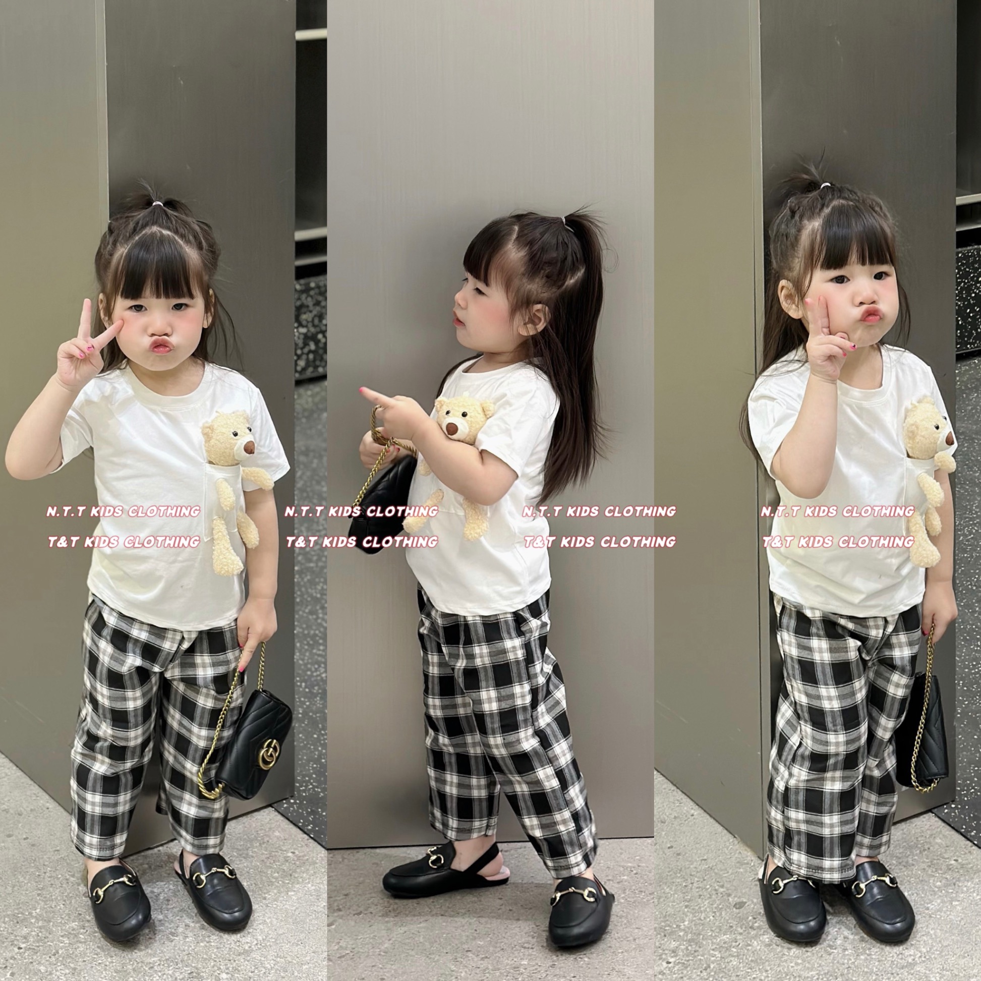 BG27- sét 3 chi gấu quần kẻ xuông bé gái