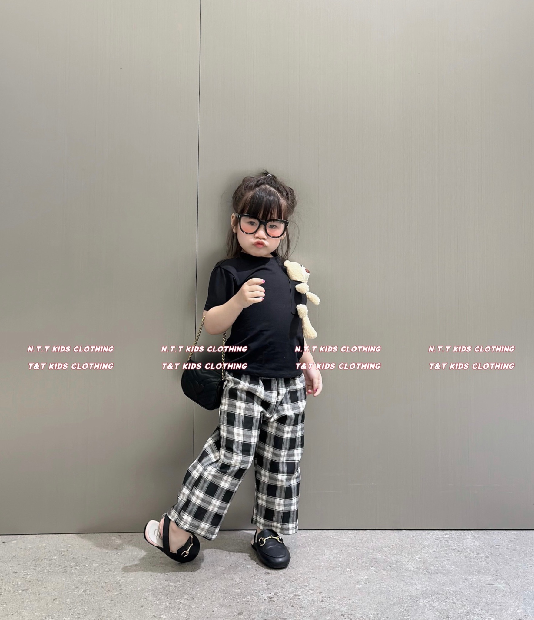 BG27- sét 3 chi gấu quần kẻ xuông bé gái
