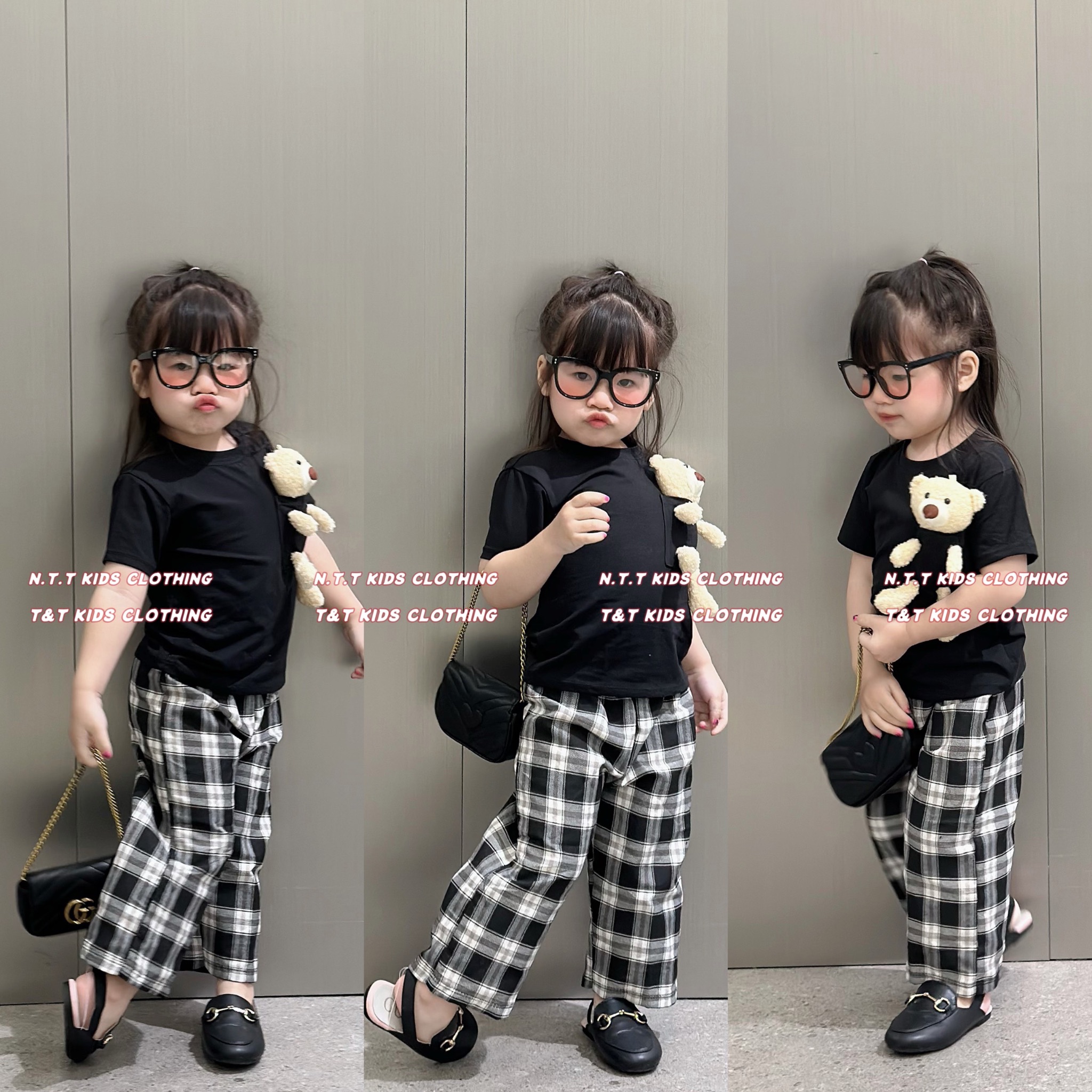 BG27- sét 3 chi gấu quần kẻ xuông bé gái