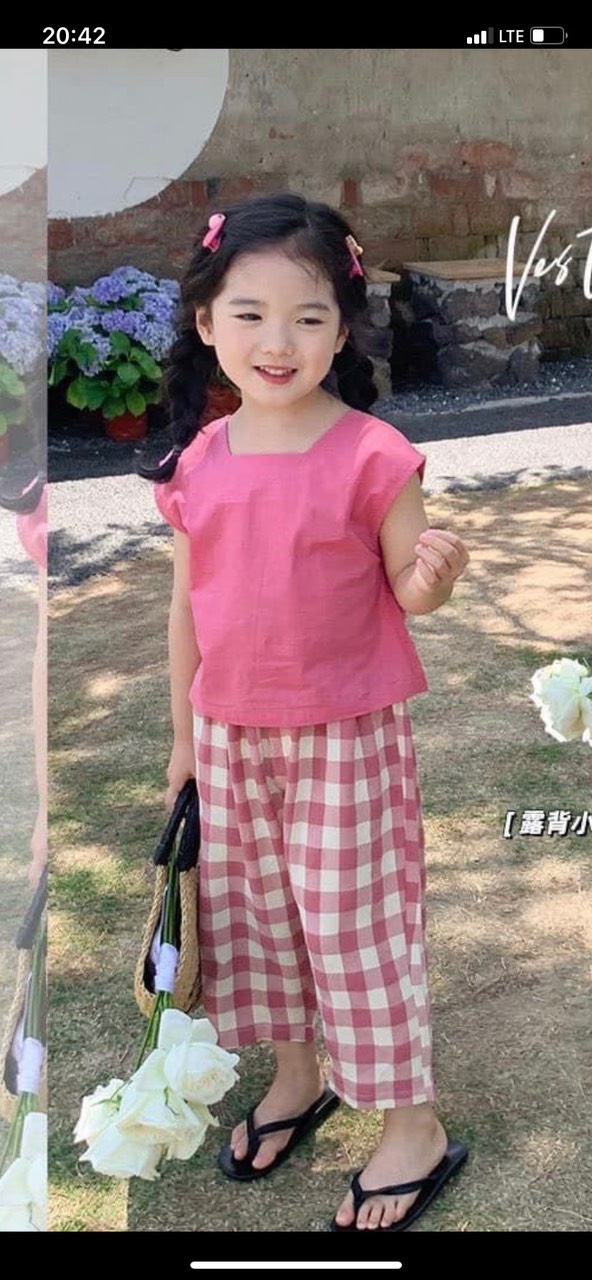 ￼bg66- bộ áo quần kẻ hồng bé gái