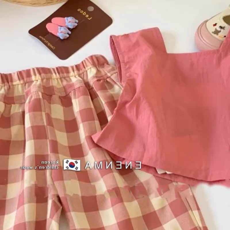 ￼bg66- bộ áo quần kẻ hồng bé gái