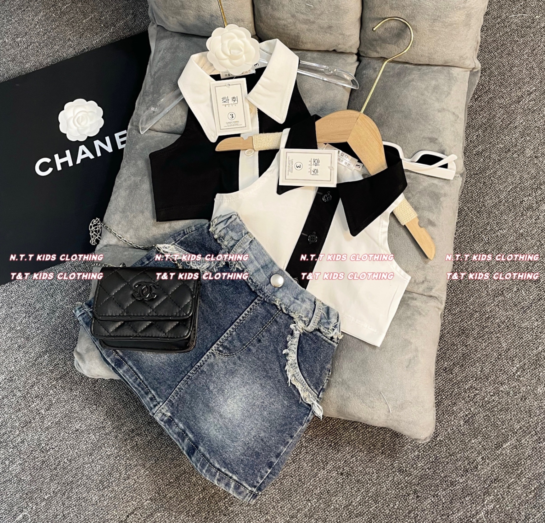 ￼bg84- bộ áo crop cổ bẻ cv jean bé gái