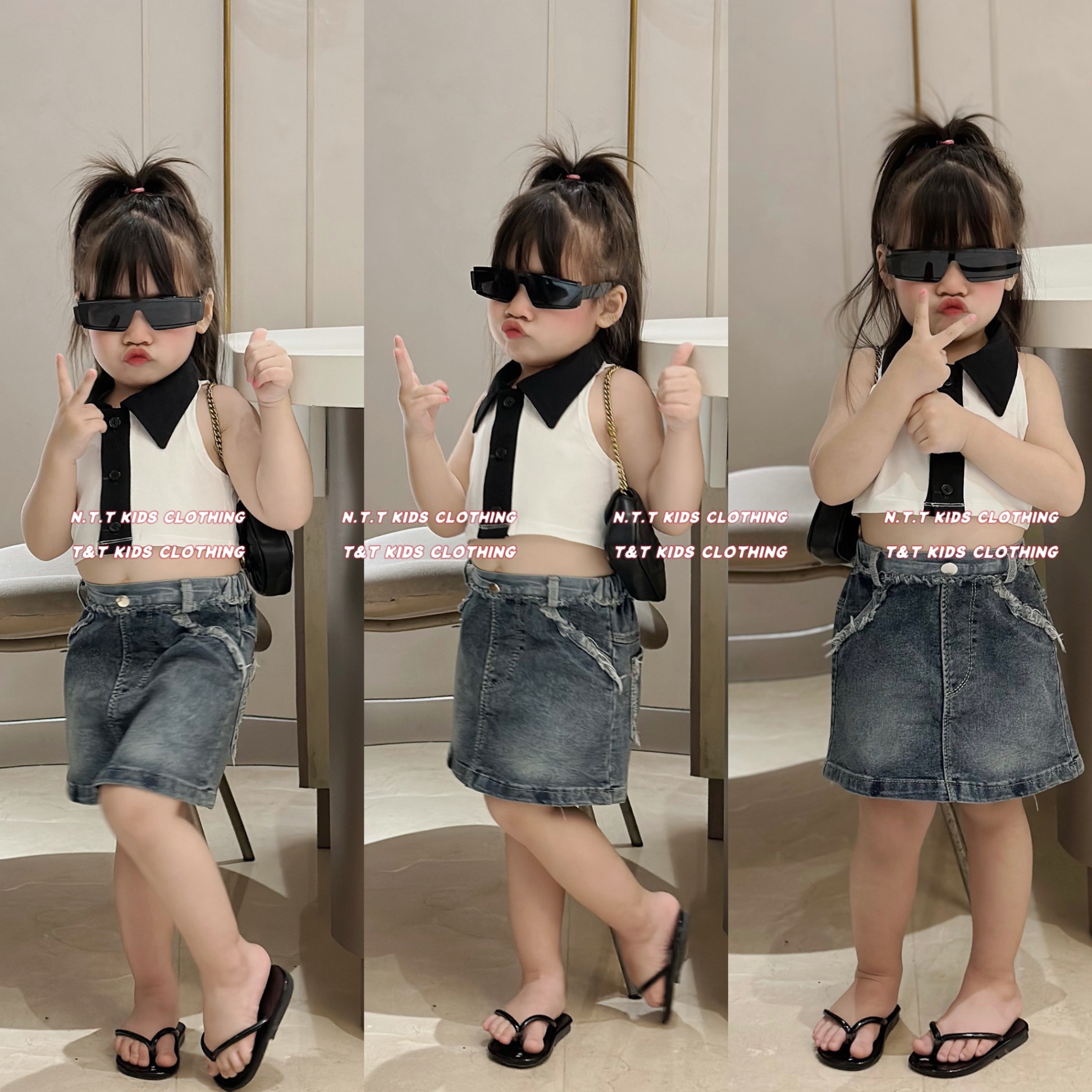 ￼bg84- bộ áo crop cổ bẻ cv jean bé gái