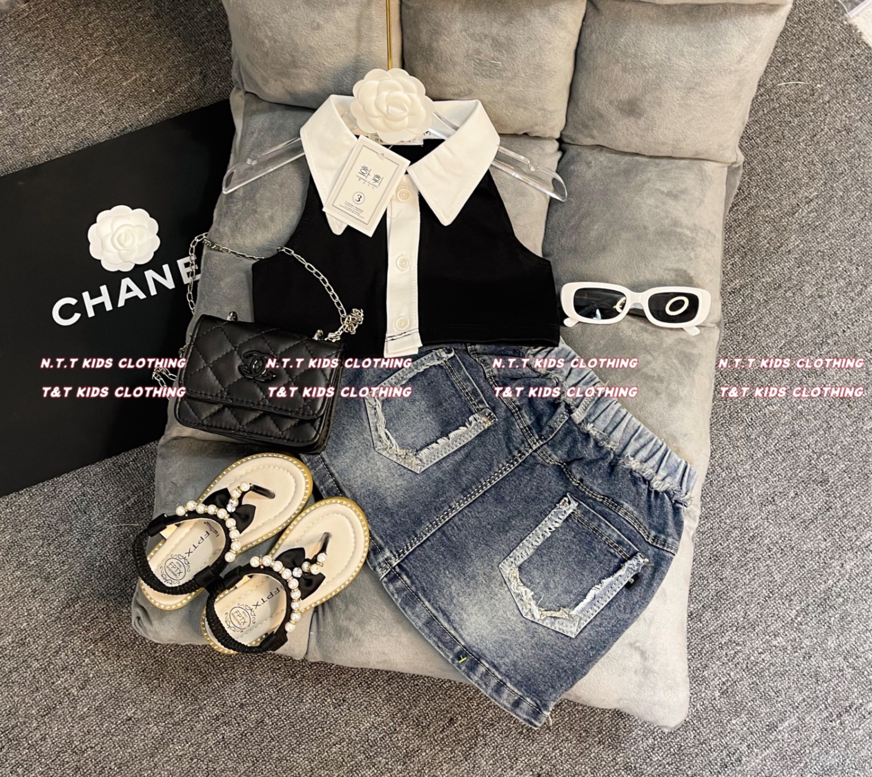 ￼bg84- bộ áo crop cổ bẻ cv jean bé gái