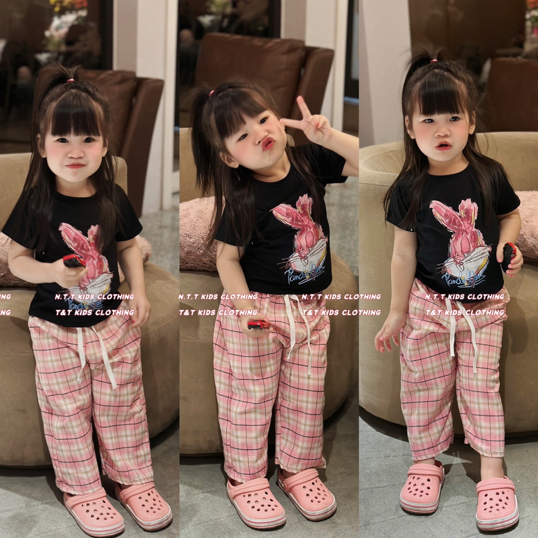 ￼bg85- bộ áo thỏ quần kẻ hồng bé gái