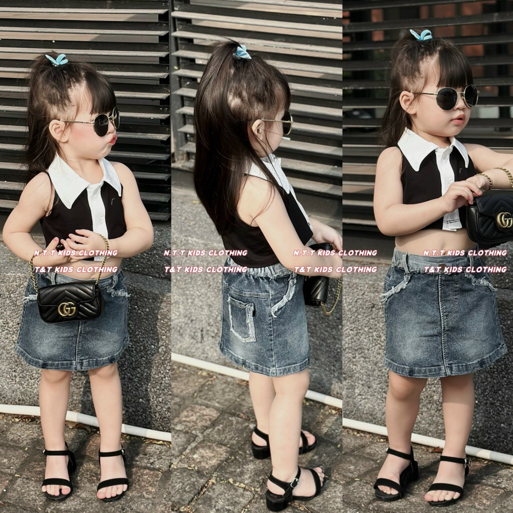 ￼bg84- bộ áo crop cổ bẻ cv jean bé gái
