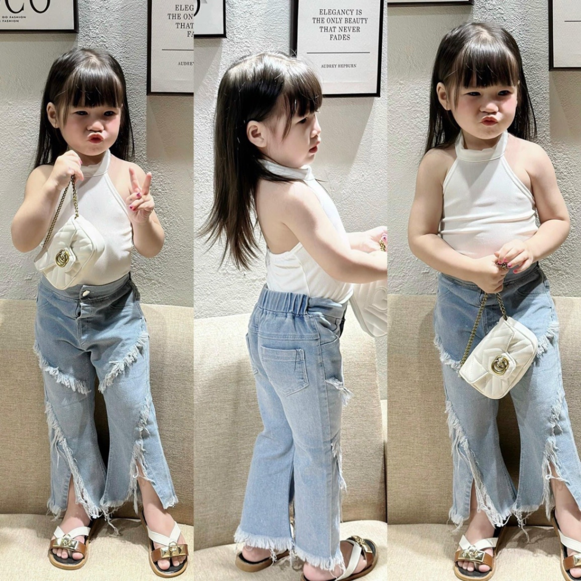 ￼bg92- bộ áo yếm dây quần bò loe xẻ th bé gái