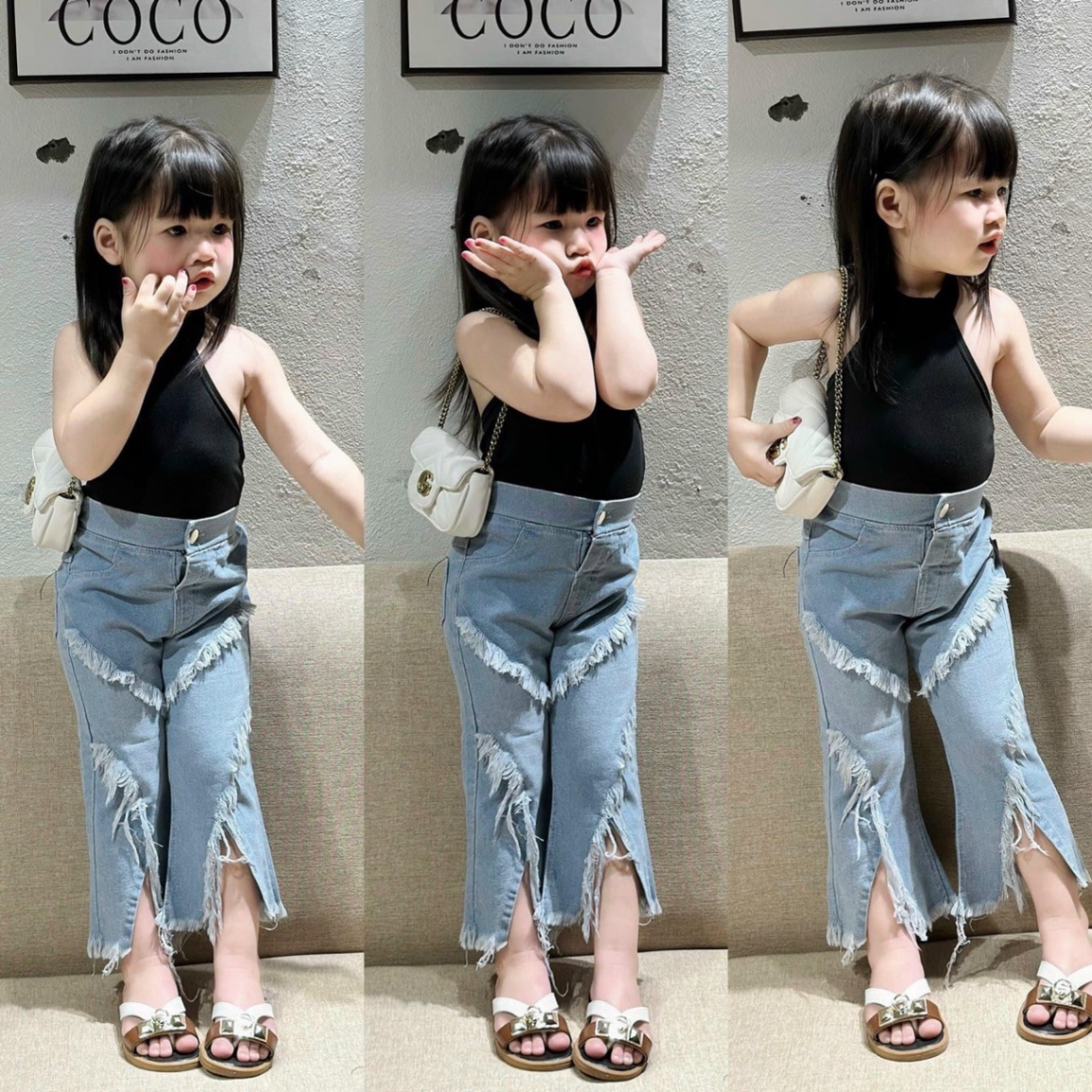 ￼bg92- bộ áo yếm dây quần bò loe xẻ th bé gái