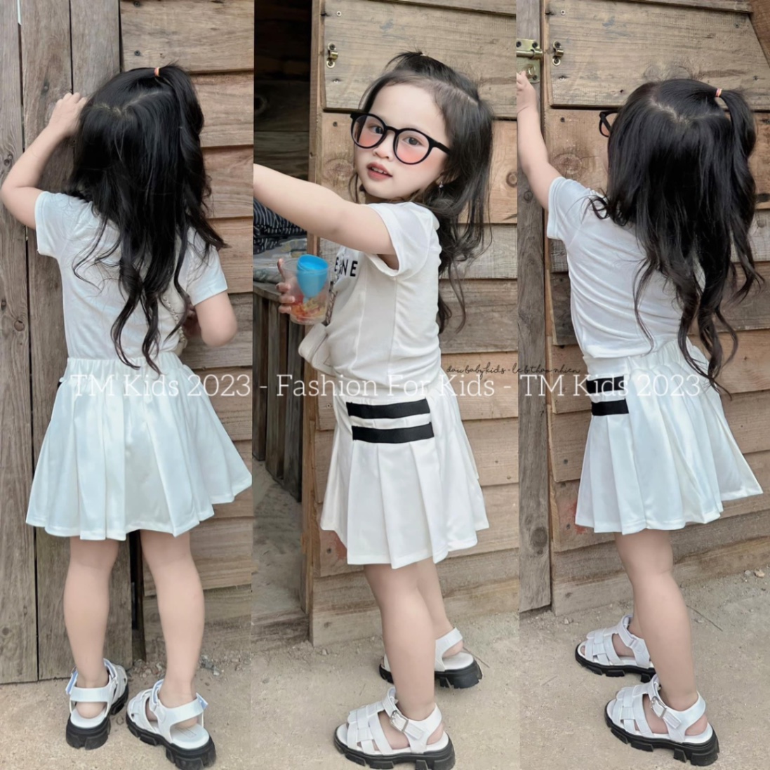 ￼bg202- bộ áo cotton chân váy xếp ly đen trắng tm bé gái