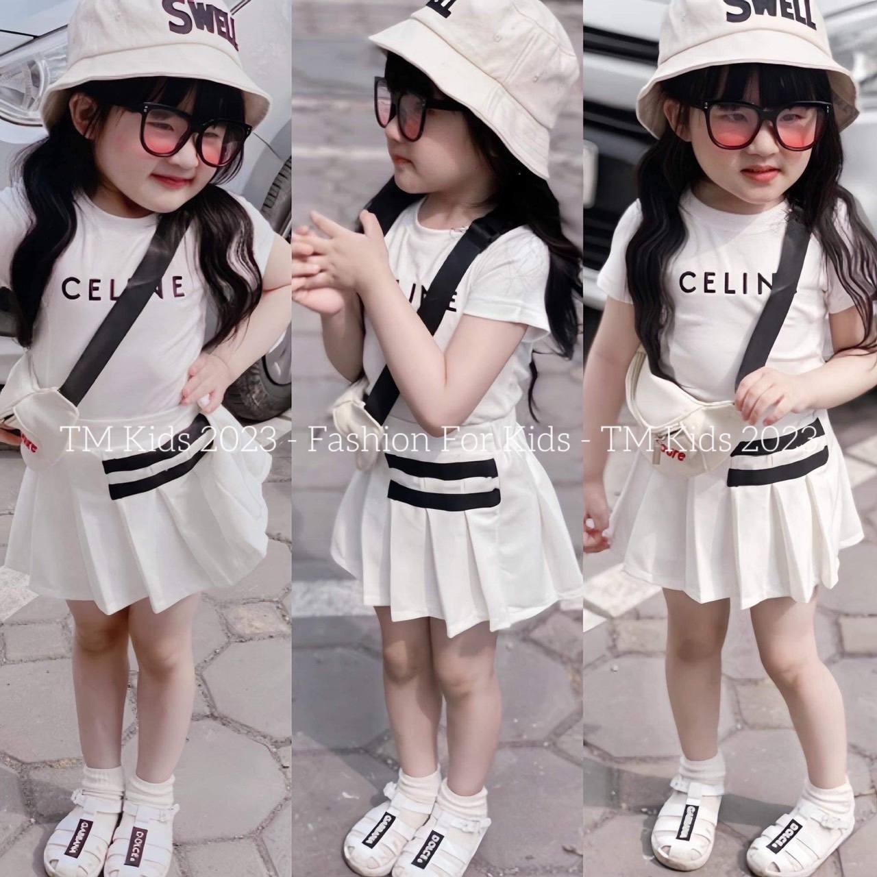 ￼bg202- bộ áo cotton chân váy xếp ly đen trắng tm bé gái