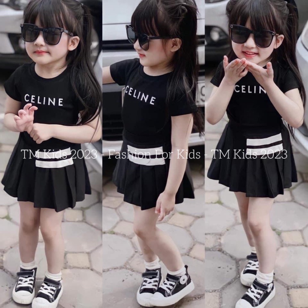 ￼bg202- bộ áo cotton chân váy xếp ly đen trắng tm bé gái