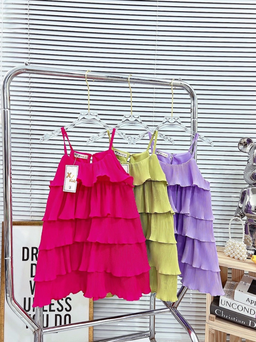 Bg390- váy dập ly tầng 2 dây cho bé gái