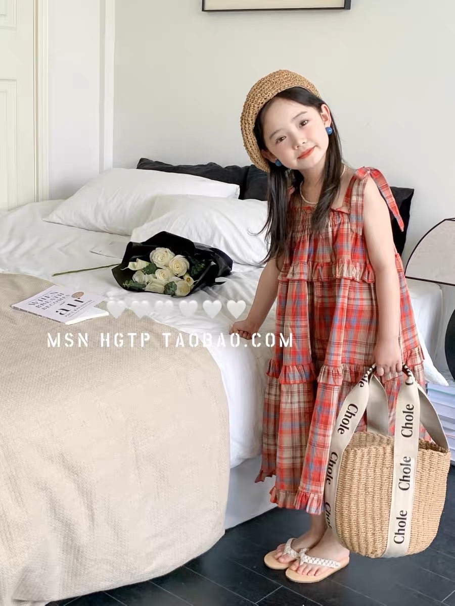 Bg412- váy buộc dây vai caro đỏ cho bé