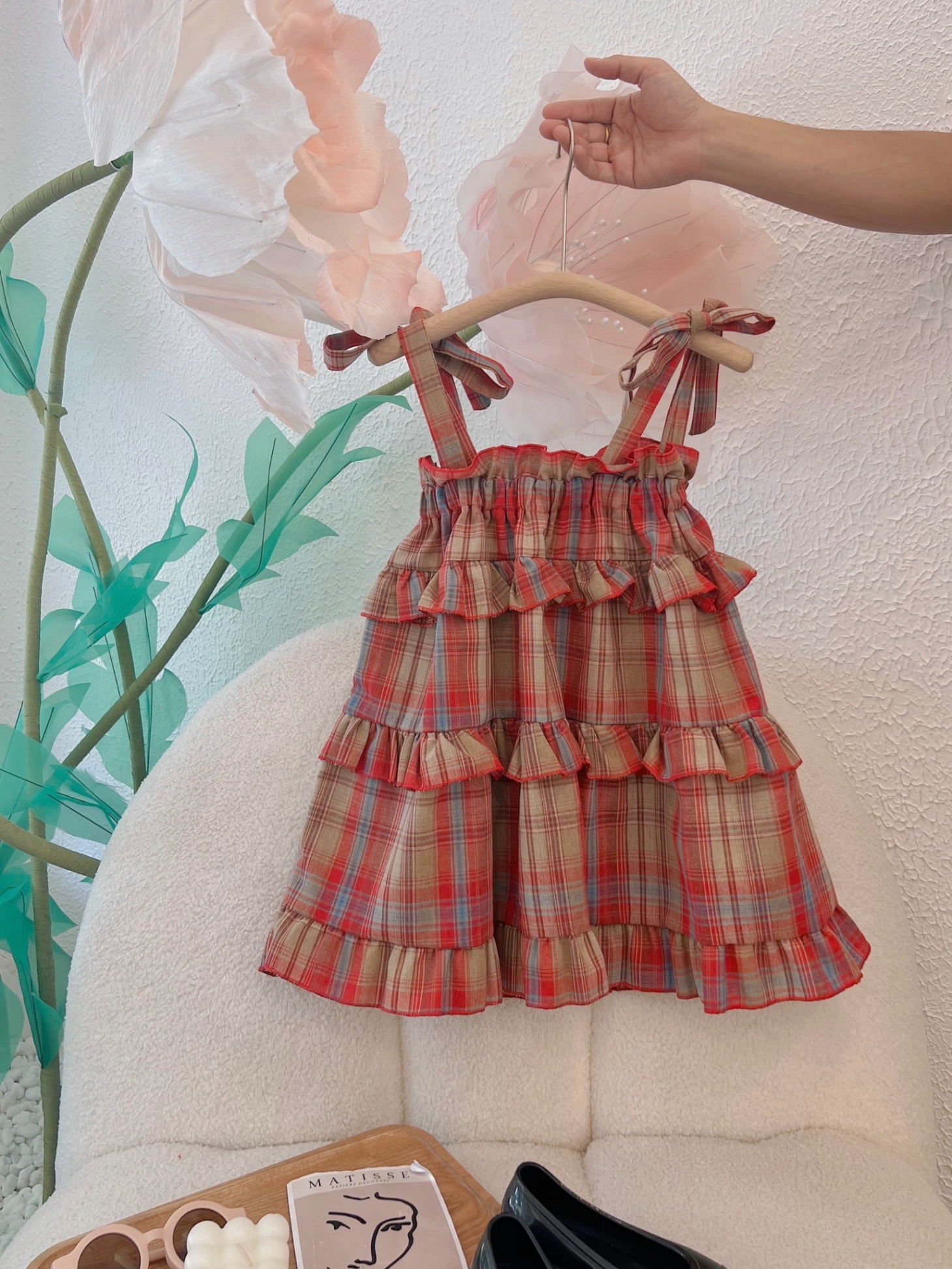 Bg412- váy buộc dây vai caro đỏ cho bé