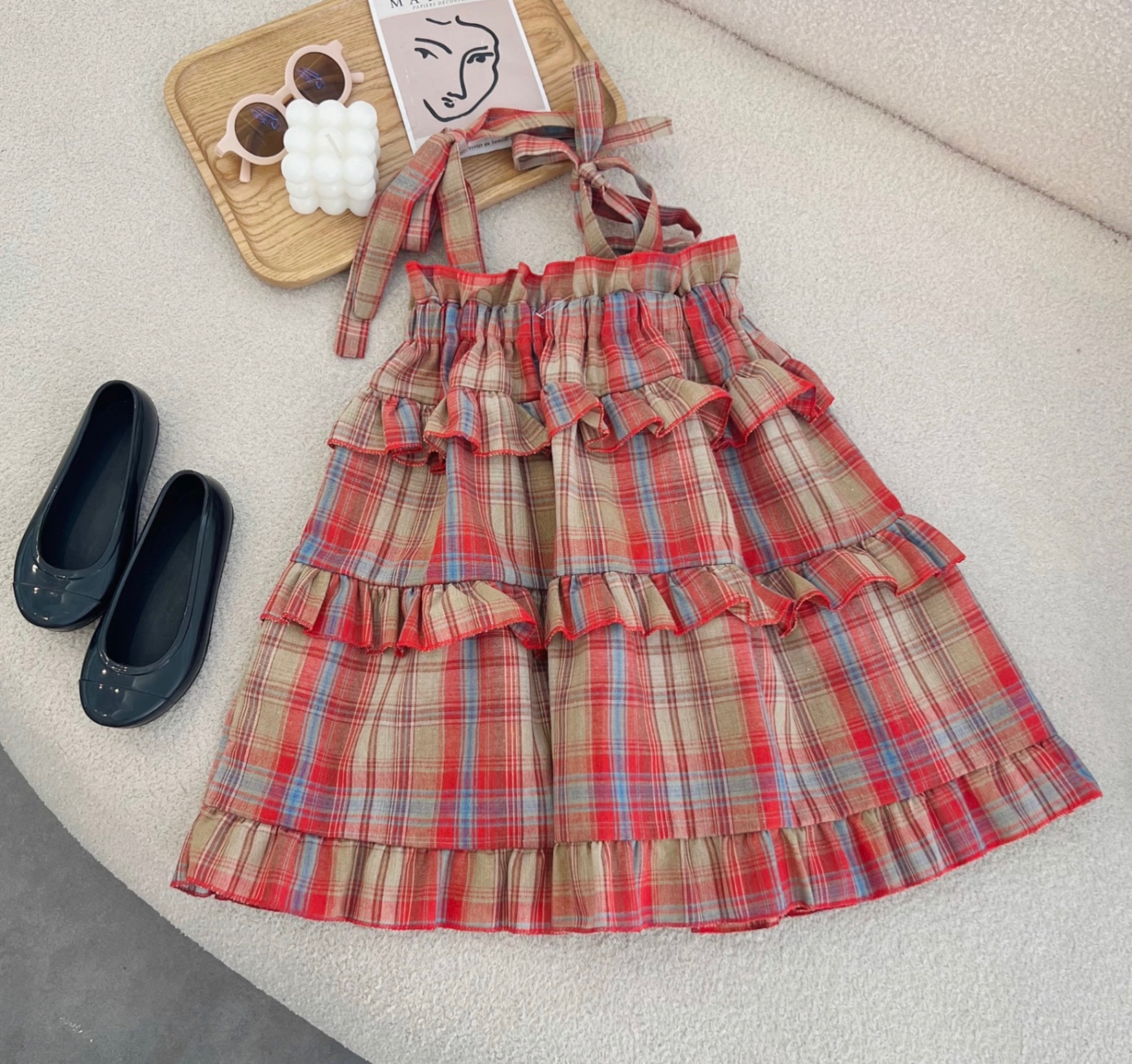 Bg412- váy buộc dây vai caro đỏ cho bé