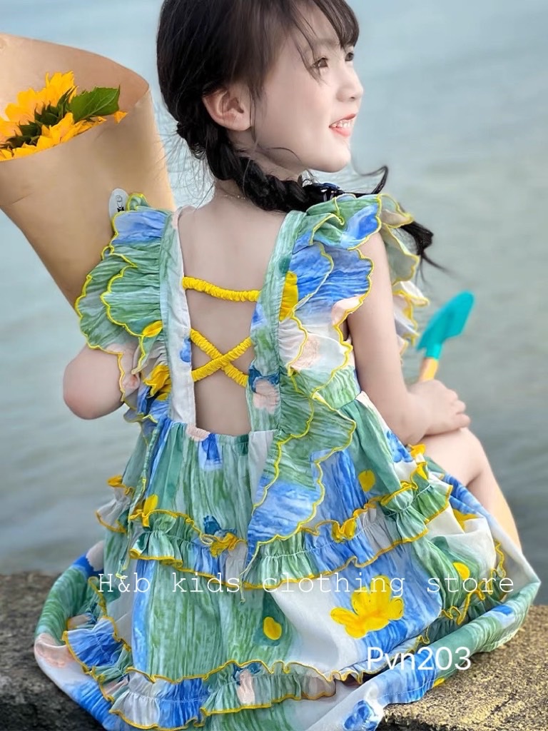Bg467- váy đũi nhăn xanh hb cho bé