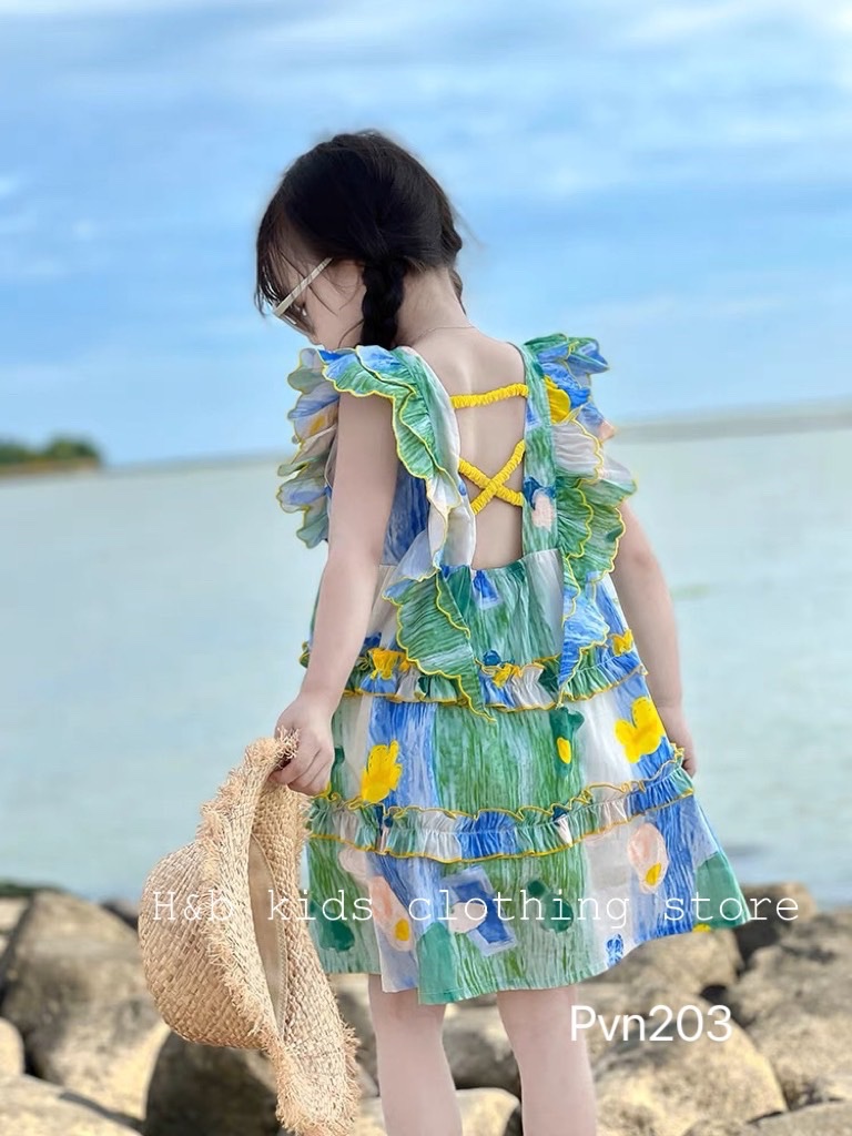 Bg467- váy đũi nhăn xanh hb cho bé