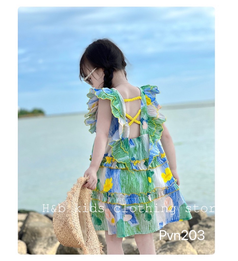 Bg467- váy đũi nhăn xanh hb cho bé