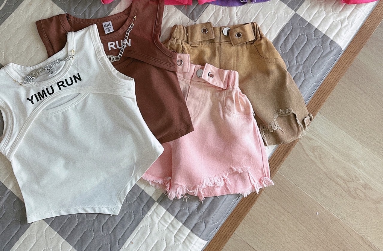 Bg559- bộ yumi run quần sooc kaki nâu hồng hb cho bé