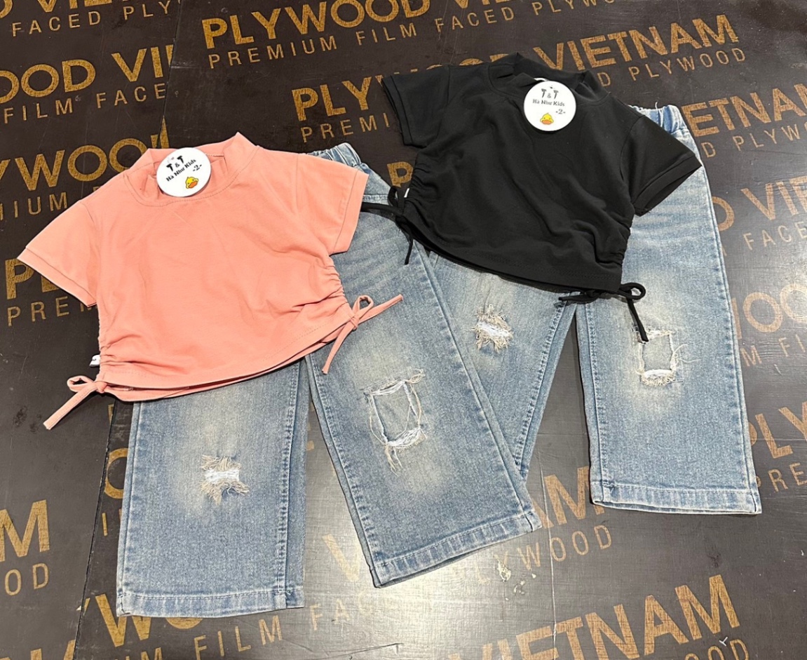 Bg616- sét áo rút dây hồng đen quần bò rách bé gái