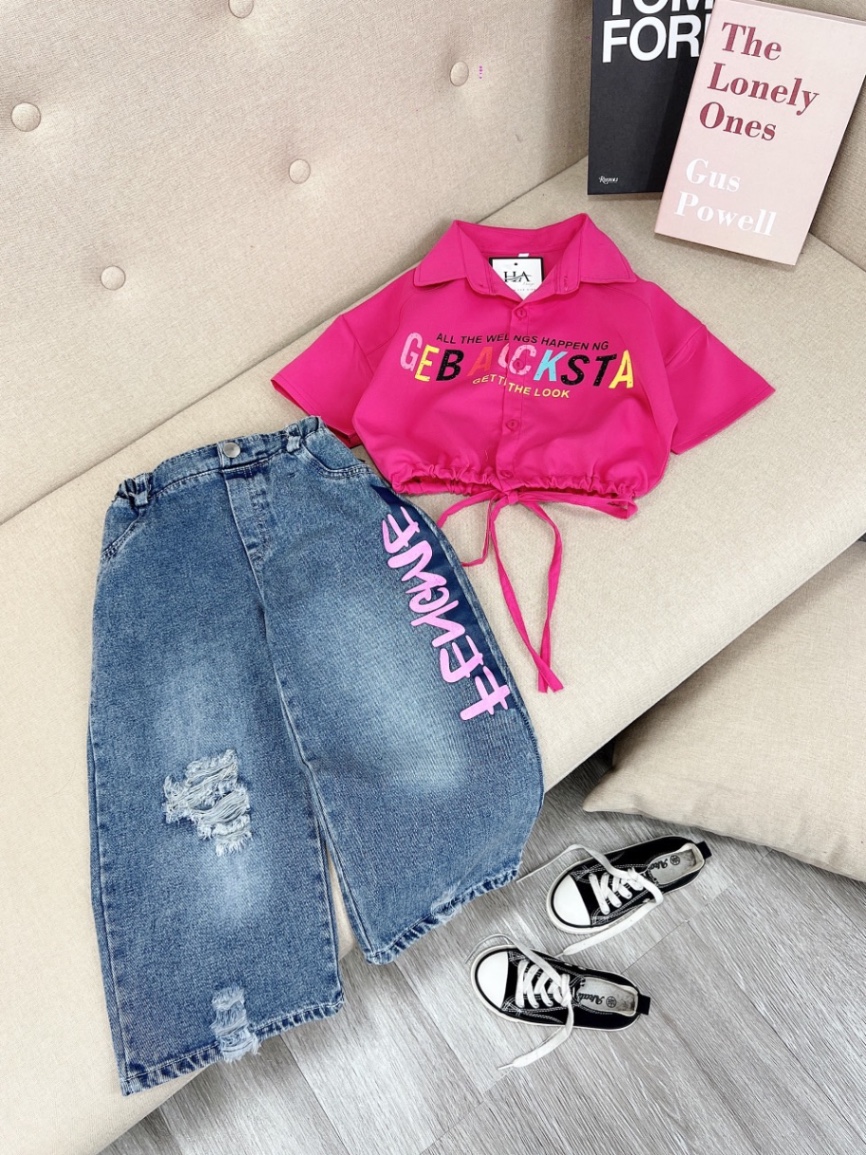 Bg671-bộ áo sơ mi croptop quần bò xuông bé gái
