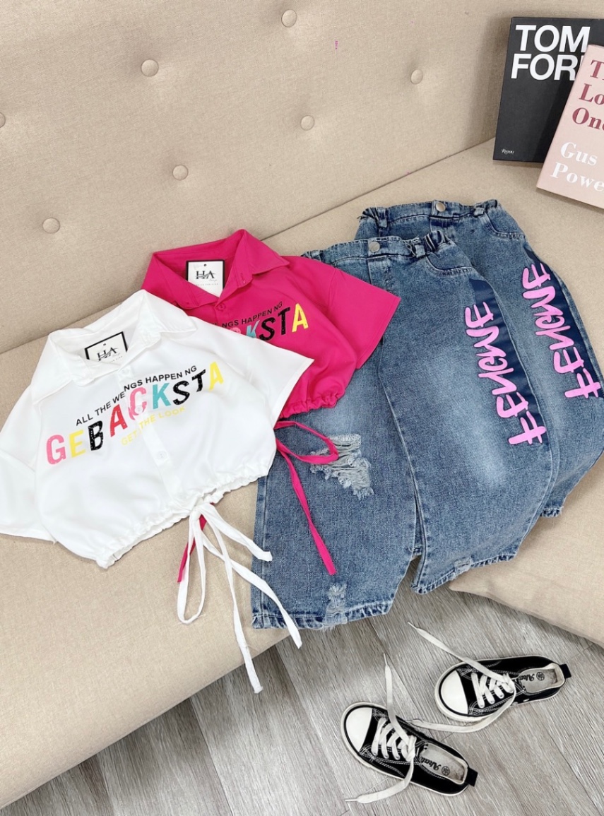 Bg671-bộ áo sơ mi croptop quần bò xuông bé gái